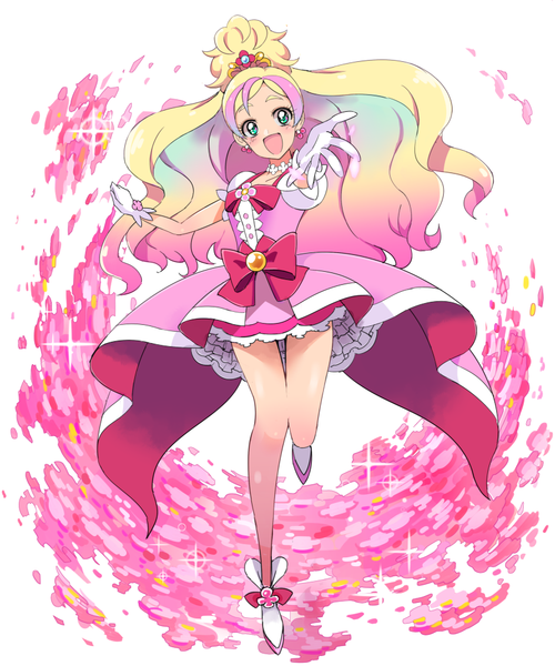 Anime picture 833x1000 with precure go! princess precure toei animation haruno haruka cure flora naokado single long hair tall image looking at viewer open mouth blonde hair smile multicolored hair aqua eyes puffy sleeves outstretched arm gradient hair outstretched hand girl