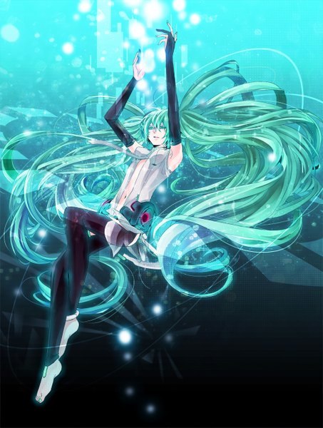 Anime picture 1000x1322 with vocaloid vocaloid append hatsune miku hatsune miku (append) mille (dieci) single tall image fringe breasts open mouth light erotic black hair twintails very long hair nail polish barefoot aqua eyes aqua hair arms up aqua nail polish