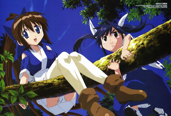Anime picture 5891x4000 with nagasarete airantou feel (studio) suzu (nagasarete airantou) ayane (nagasarete airantou) hosoda naoto long hair highres blue eyes light erotic brown hair sitting twintails multiple girls blue hair absurdres sky ponytail scan pantyshot tears