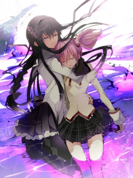 Anime picture 900x1200 with mahou shoujo madoka magica shaft (studio) akemi homura kaname madoka manyako (mohumohu) long hair tall image short hair black hair purple eyes multiple girls pink hair braid (braids) eyes closed tears girl thighhighs dress skirt uniform