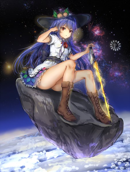 Anime picture 1000x1320 with touhou hinanawi tenshi fii fii (feefeeowo) single tall image looking at viewer blush fringe breasts light erotic hair between eyes sitting brown eyes signed blue hair cloud (clouds) full body outdoors arm up arm support