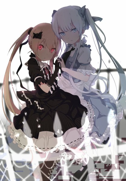 Anime picture 802x1150 with original ogipote long hair tall image blue eyes simple background blonde hair red eyes white background twintails multiple girls white hair holding hands lolita fashion goth-loli girl dress gloves ribbon (ribbons) bow