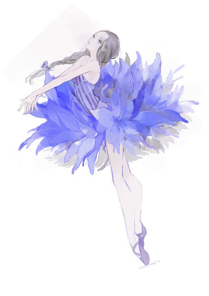 Anime-Bild 638x900 mit original nekosuke (jet) single long hair tall image simple background brown hair white background purple eyes bare shoulders signed full body braid (braids) outstretched arm single braid looking up hands clasped ballerina girl flower (flowers)