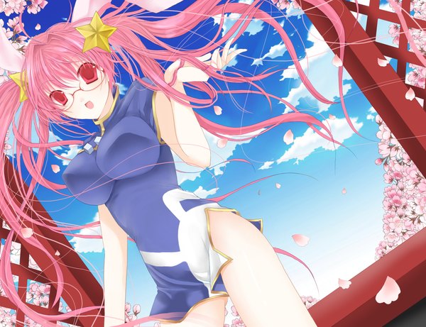 Anime picture 1300x1000 with di gi charat madhouse usada hikaru rabi en rose rara419 single long hair breasts open mouth light erotic large breasts twintails pink hair cloud (clouds) pink eyes cherry blossoms girl flower (flowers) petals glasses