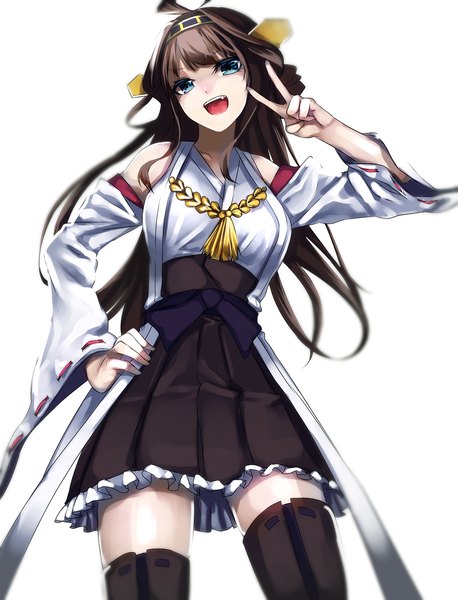 Anime picture 1100x1440 with kantai collection kongou battleship uu uu zan single long hair tall image looking at viewer open mouth blue eyes simple background brown hair white background ahoge hand on hip victory nontraditional miko girl hair ornament detached sleeves