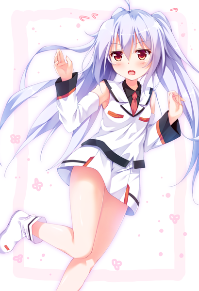 Anime picture 1052x1541 with plastic memories isla (plastic memories) kusunoki (escude) single long hair tall image blush fringe open mouth simple background hair between eyes red eyes standing white background twintails bare shoulders payot looking away silver hair bent knee (knees)