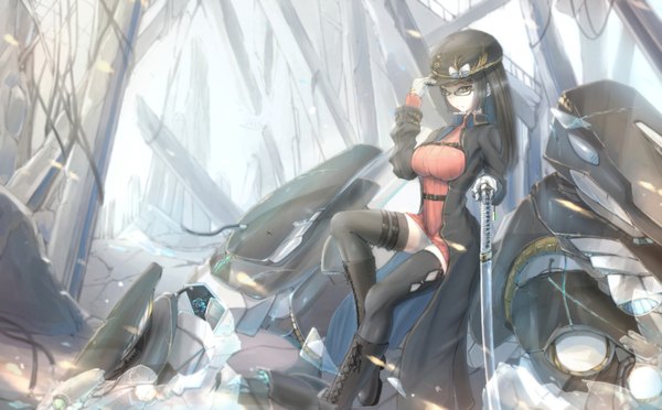 Anime picture 2000x1241 with original kikivi single long hair highres black hair wide image brown eyes girl thighhighs weapon black thighhighs sword glasses boots katana cloak flat cap