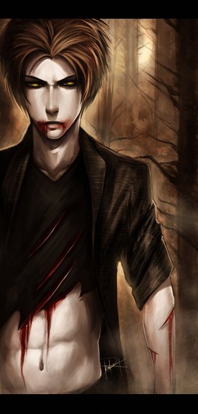 Anime picture 700x1454 with twilight saga edward cullen ninjatic single tall image looking at viewer short hair brown hair yellow eyes torn clothes pale skin boy navel plant (plants) tree (trees) blood forest