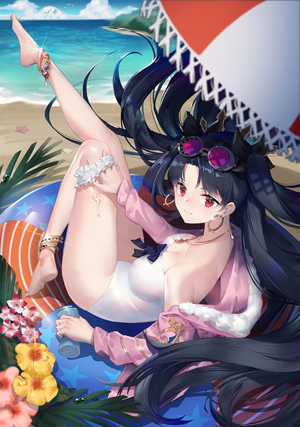 Anime picture 700x994 with fate (series) fate/grand order ishtar (fate) balusah single tall image looking at viewer blush fringe breasts light erotic black hair holding sky cleavage cloud (clouds) full body bent knee (knees) outdoors very long hair