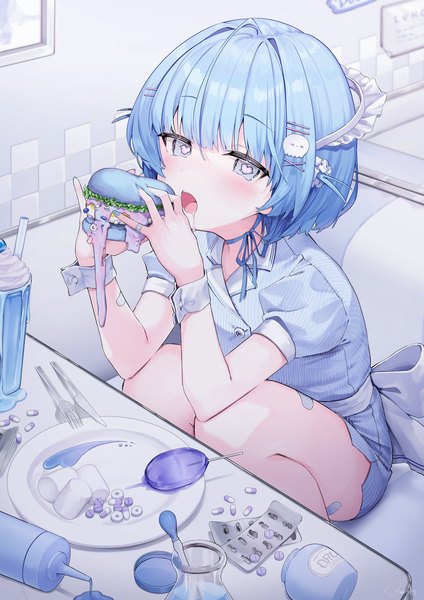 Anime picture 1448x2048 with original koyubita single tall image looking at viewer blush short hair open mouth sitting blue hair ahoge bent knee (knees) grey eyes symbol-shaped pupils short twintails saliva heart-shaped pupils girl hair ornament food