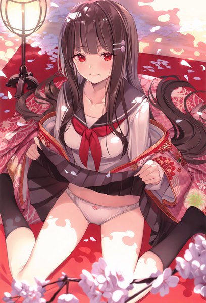 Anime picture 2587x3800 with original kaerunoko single tall image looking at viewer blush fringe highres light erotic red eyes brown hair sitting bent knee (knees) outdoors blunt bangs very long hair traditional clothes japanese clothes pleated skirt light smile