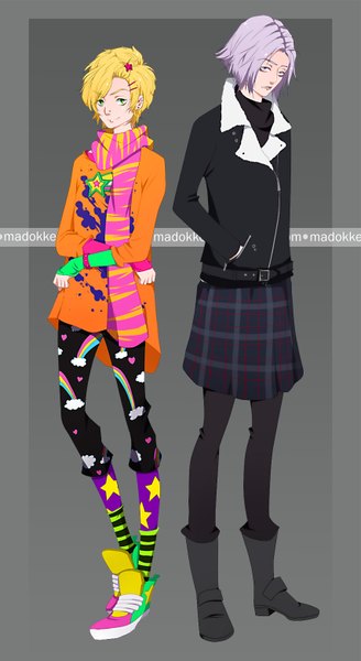 Anime picture 854x1560 with original nebeskaa tall image looking at viewer short hair blonde hair simple background standing purple eyes green eyes purple hair cloud (clouds) light smile grey background couple plaid skirt crossed arms hand in pocket plaid skirt