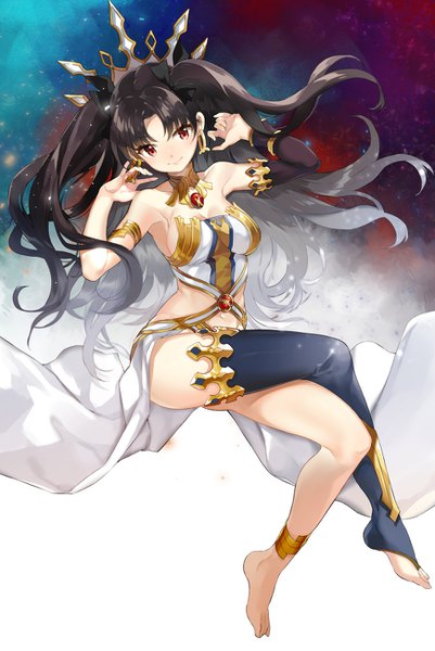 Anime picture 870x1301 with fate (series) fate/grand order toosaka rin ishtar (fate) shiosoda single long hair tall image light erotic black hair smile red eyes full body barefoot two side up crossed legs sideboob floating hair girl thighhighs