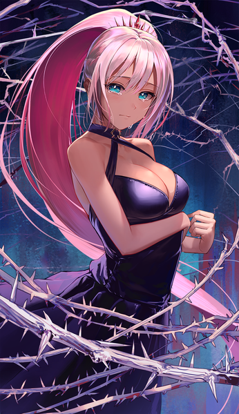 Anime picture 1000x1734 with tales of (series) tales of arise shionne (tales) kainown single long hair tall image looking at viewer fringe breasts blue eyes light erotic hair between eyes large breasts standing payot pink hair cleavage ponytail sleeveless
