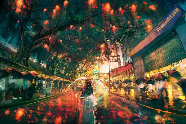 Anime picture 2025x1350 with original yuumei highres short hair standing holding signed outdoors night city solo focus rain cityscape city lights transparent umbrella girl plant (plants) tree (trees) leaf (leaves) building (buildings)