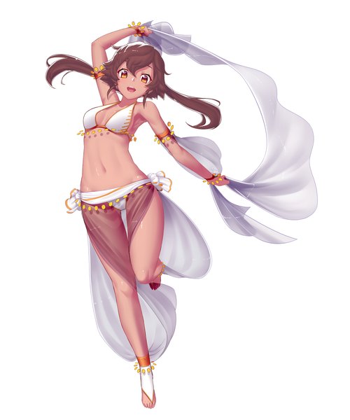 Anime picture 1249x1500 with original dev (dev0614) single long hair tall image looking at viewer open mouth light erotic simple background brown hair white background barefoot orange eyes dancing girl navel bracelet