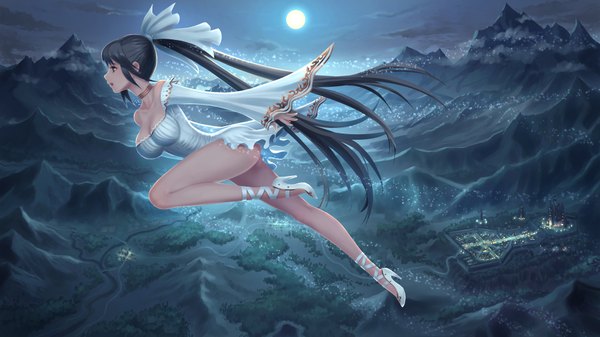 Anime picture 1920x1080 with original youbou single highres open mouth light erotic black hair wide image brown eyes looking away ponytail very long hair night mountain flying girl dress white dress moon