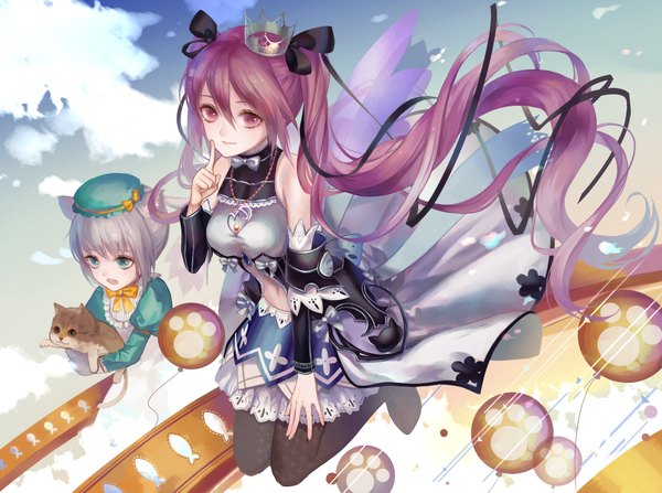 Anime picture 1000x746 with emil chronicle online tagme (character) zek (zecola) long hair looking at viewer fringe short hair open mouth hair between eyes purple eyes twintails bare shoulders multiple girls holding animal ears payot sky silver hair purple hair cloud (clouds)