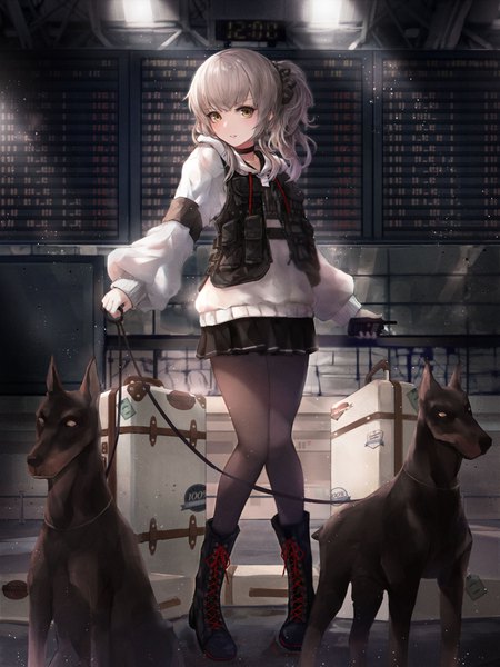 Anime-Bild 3000x4000 mit original crystalherb single long hair tall image looking at viewer blush fringe highres hair between eyes standing holding yellow eyes full body parted lips pleated skirt grey hair side ponytail knees together feet apart lace-up boots