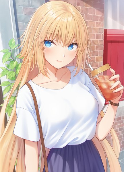 Anime picture 721x1000 with fate (series) fate/apocrypha jeanne d'arc (fate) (all) jeanne d'arc (fate) nananichi single long hair tall image looking at viewer blush fringe breasts blue eyes blonde hair smile hair between eyes standing holding payot outdoors