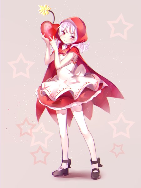 Anime picture 600x800 with cookie run cherry cookie mery (yangmalgage) single tall image blush short hair simple background smile red eyes looking away full body white hair grey background sleeveless girl thighhighs dress white thighhighs star (symbol)