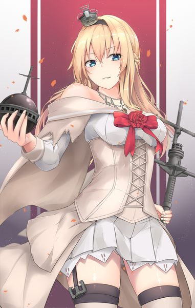 Anime picture 855x1346 with kantai collection warspite (kantai collection) jenson tw single long hair tall image blush fringe breasts blue eyes blonde hair smile hair between eyes standing bare shoulders holding braid (braids) long sleeves parted lips fingernails