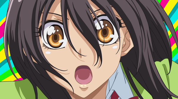 Anime picture 1268x704 with kaichou wa maid-sama! ayuzawa misaki isabellaxparadise single long hair open mouth simple background brown hair wide image brown eyes portrait striped face striped background girl uniform school uniform