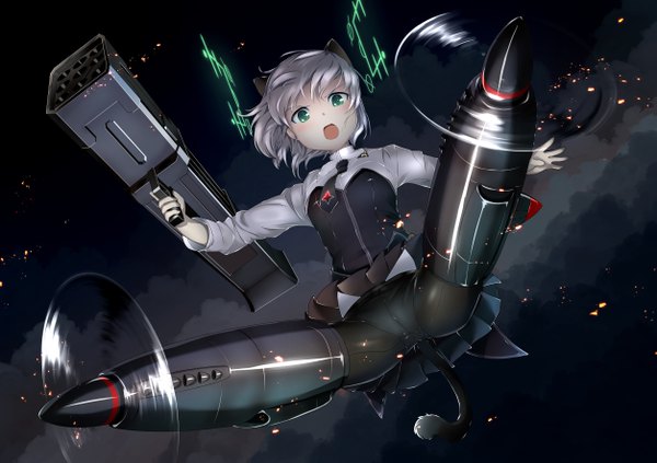 Anime picture 5016x3541 with strike witches sanya v. litvyak reito (lyra-yasao-0628) single looking at viewer highres short hair open mouth light erotic holding green eyes animal ears absurdres cloud (clouds) full body tail animal tail pleated skirt wind grey hair