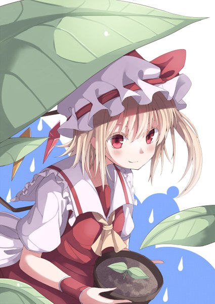 Anime picture 1000x1412 with touhou flandre scarlet gurasion (gurasion) tall image blush short hair blonde hair smile red eyes girl dress wings leaf (leaves) bonnet crystal