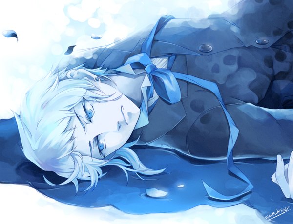 Anime picture 1500x1150 with pandora hearts xebec elliot nightray single short hair blue eyes signed silver hair lying boy earrings petals