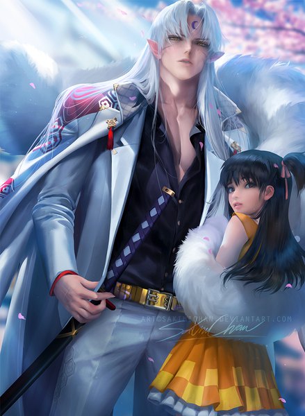 Anime picture 753x1028 with inuyasha sesshomaru rin (inuyasha) sakimichan long hair tall image standing brown eyes signed yellow eyes white hair looking back pointy ears sunlight realistic cherry blossoms facial mark side ponytail sunbeam partially open clothes