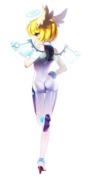 Anime picture 633x1233 with original cherrypin single tall image short hair light erotic blonde hair white background purple eyes bare shoulders ass profile head wings girl gloves wings fingerless gloves halo bodysuit