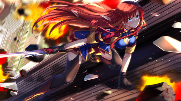 Anime picture 1920x1080 with re:creators selesia upitiria swordsouls single long hair blush fringe highres breasts blue eyes wide image large breasts looking away bent knee (knees) red hair braid (braids) arm support twin braids cleavage cutout fighting stance