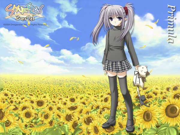 Anime picture 1024x768 with shuffle! primula nishimata aoi blue eyes twintails silver hair zettai ryouiki thighhighs skirt flower (flowers) toy stuffed animal