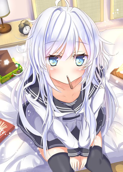 Anime picture 888x1243 with kantai collection hibiki destroyer verniy destroyer aruka (alka p1) single long hair tall image looking at viewer blush fringe blue eyes hair between eyes sitting holding payot silver hair ahoge indoors zettai ryouiki mouth hold