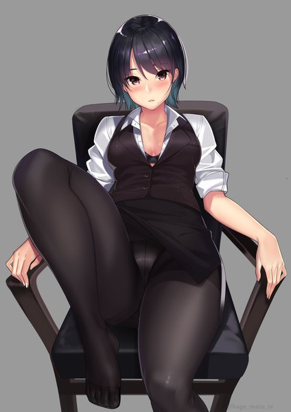 Anime picture 1251x1770 with original kagematsuri single tall image looking at viewer blush fringe short hair light erotic black hair simple background hair between eyes sitting brown eyes signed bent knee (knees) parted lips multicolored hair grey background mole