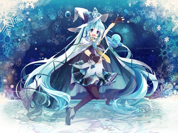 Anime picture 2000x1493 with vocaloid suki! yuki! maji magic (vocaloid) hatsune miku yuki miku yuki miku (2014) t miyanagi single highres open mouth blue eyes twintails blue hair very long hair girl dress gloves ribbon (ribbons) hair ribbon fingerless gloves witch hat