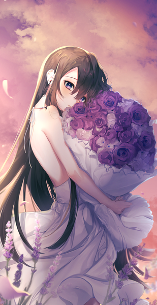 Anime picture 2000x3879 with original 62135409 (artist) single long hair tall image looking at viewer blush fringe highres black hair hair between eyes standing purple eyes holding sky cloud (clouds) outdoors girl dress flower (flowers)