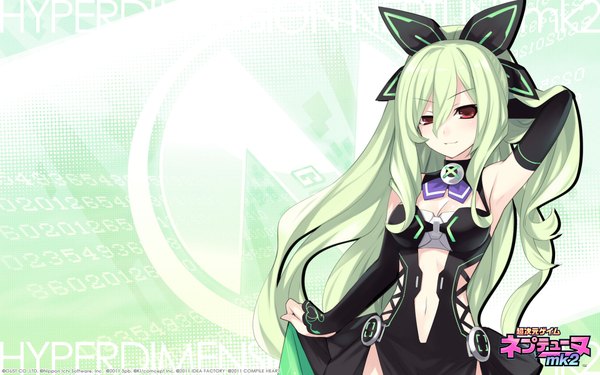 Anime picture 1920x1200 with choujigen game neptune hyperdimension neptunia mk2 hakozaki chika tsunako single long hair blush highres red eyes wide image bare shoulders green hair official art green background girl dress bow hair bow detached sleeves