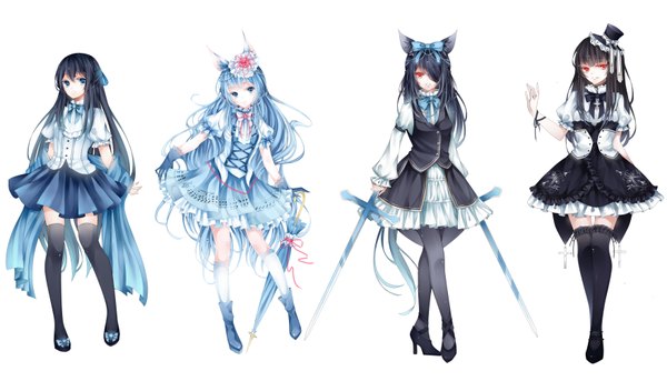 Anime picture 3507x2006 with original stari long hair highres blue eyes black hair simple background red eyes wide image white background multiple girls animal ears blue hair absurdres half updo closed umbrella girl thighhighs dress hair ornament