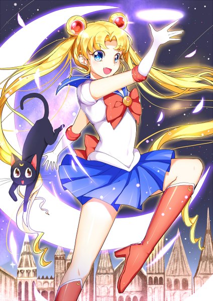 Anime picture 1000x1414 with bishoujo senshi sailor moon toei animation tsukino usagi sailor moon luna (sailor moon) greetload single tall image looking at viewer fringe blue eyes blonde hair twintails bent knee (knees) very long hair pleated skirt night night sky magic glowing