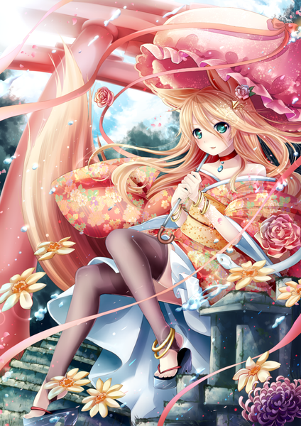 Anime picture 900x1273 with original kenneos single long hair tall image blush blonde hair bare shoulders green eyes animal ears sky cloud (clouds) bent knee (knees) tail traditional clothes parted lips japanese clothes animal tail sunlight rain