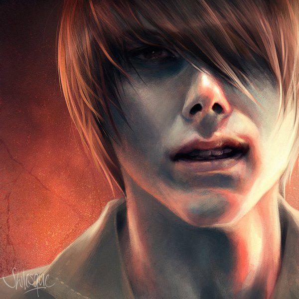 Anime picture 800x800 with death note madhouse yagami light shilesque single looking at viewer fringe short hair simple background brown hair signed parted lips lips black eyes hair over one eye realistic teeth portrait red background boy