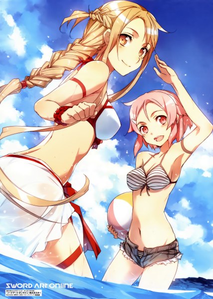 Anime picture 3640x5115 with sword art online a-1 pictures yuuki asuna lisbeth abec long hair tall image looking at viewer blush highres short hair open mouth light erotic blonde hair red eyes multiple girls brown eyes pink hair absurdres braid (braids)