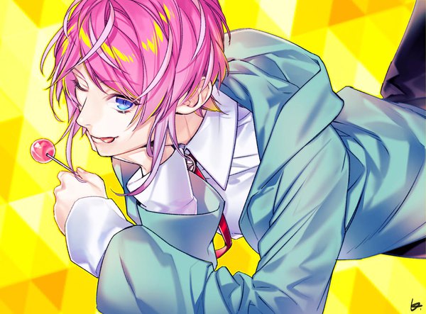 Anime picture 900x665 with hypnosis mic amemura ramuda 5046m single short hair blue eyes payot pink hair lying one eye closed on stomach yellow background chin rest boy food sweets tongue hood hoodie candy