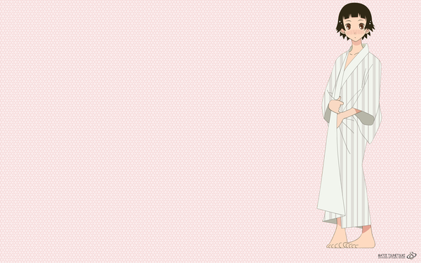 Anime picture 1920x1200 with sayonara zetsubou sensei shaft (studio) tsunetsuki matoi single looking at viewer fringe highres short hair brown hair wide image standing brown eyes full body blunt bangs traditional clothes japanese clothes barefoot copyright name character names girl