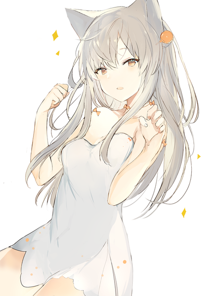 Anime picture 663x932 with original lpip single long hair tall image looking at viewer blush fringe open mouth simple background hair between eyes standing white background bare shoulders brown eyes animal ears grey hair cat ears paw pose girl