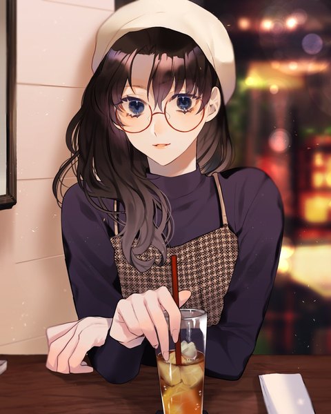 Anime picture 1105x1381 with fate (series) fate/stay night toosaka rin shimatori (sanyyyy) single long hair tall image looking at viewer fringe open mouth blue eyes black hair smile holding upper body indoors long sleeves blurry depth of field alternate costume