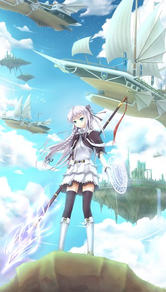 Anime picture 1024x1792 with original asakurashinji single long hair tall image fringe standing green eyes sky cloud (clouds) white hair braid (braids) sparkle twin braids magic flying glowing weapon girl dress gloves