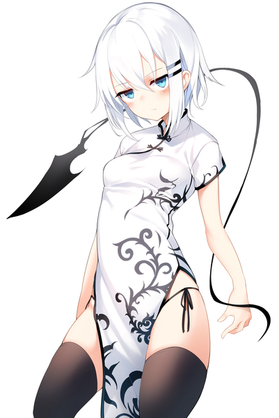 Anime picture 3009x4500 with original ringo-chan (otokuyou) otokuyou single tall image looking at viewer blush fringe highres short hair blue eyes light erotic simple background hair between eyes standing white background absurdres white hair traditional clothes short sleeves